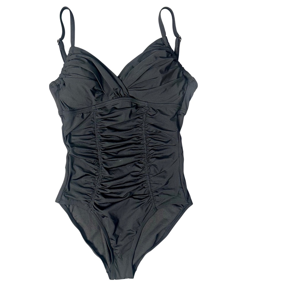 Kenneth Cole New York Womens Black Ruched Tummy Toner One Piece Swimsuit M NEW